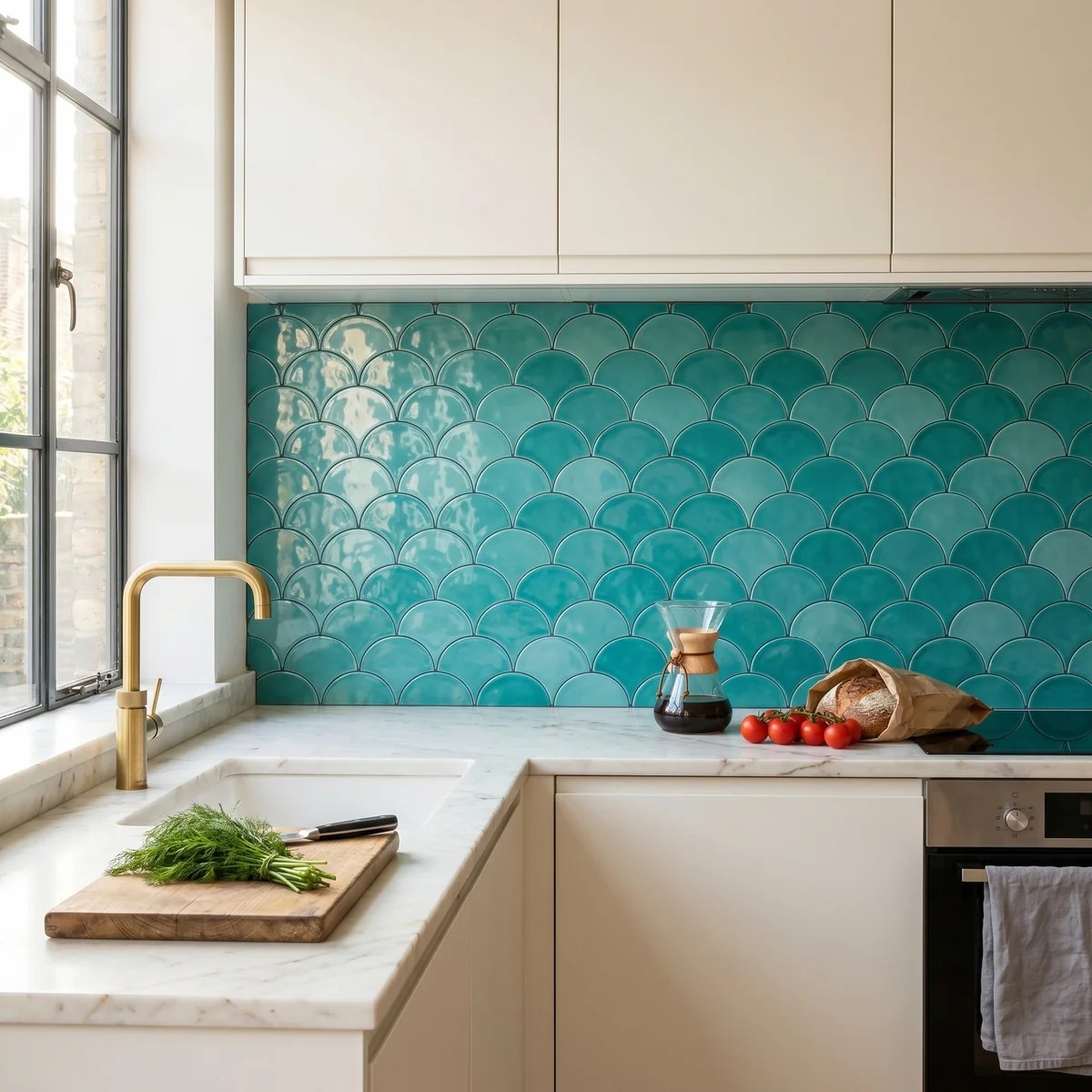 Teal fishscale tiled kitchen splashback with marble worktop
